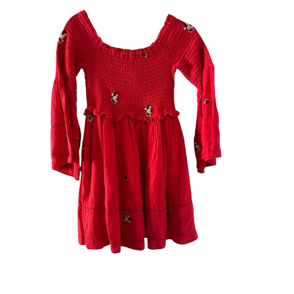 Free People off the shoulder Dress smocked dress Red Embroidery S